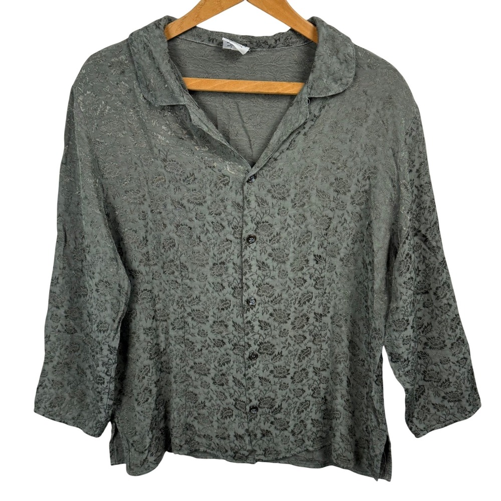 CP Shades Sausalito Womens Medium Olive Green Floral Jacquard Rayon Button Shirt